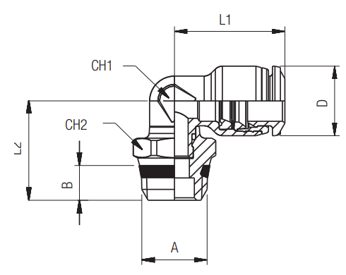 afmetingen push-in fittingen INCH haakse inschroef
