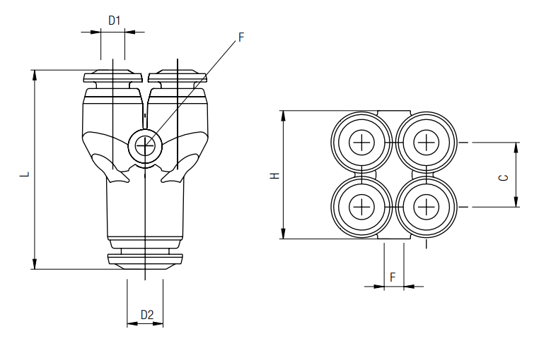 afmetingen push-in fittingen INCH X-verbinding