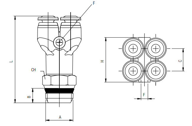 afmetingen push-in fittingen INCH X-inschroef