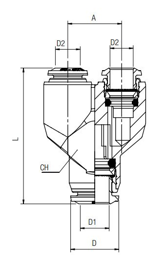 afmetingen push-in fittingen INCH Y-verbinding